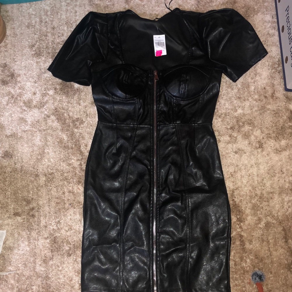 Leather, Puff Sleeve, Zip Up Party Dress